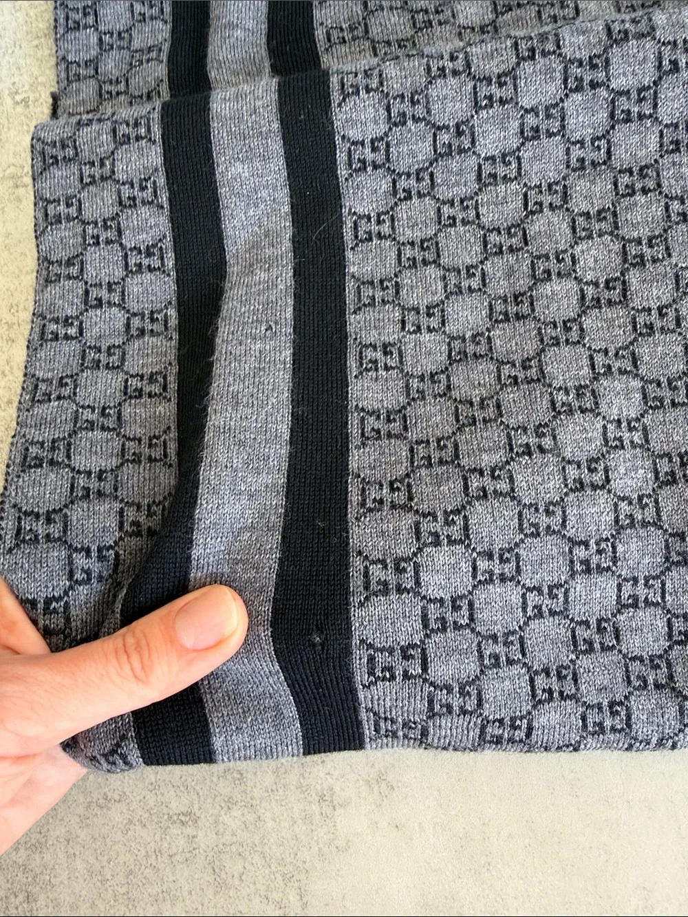 Gucci GG Monogram Wool Silk Scarf Gray Black Reversible